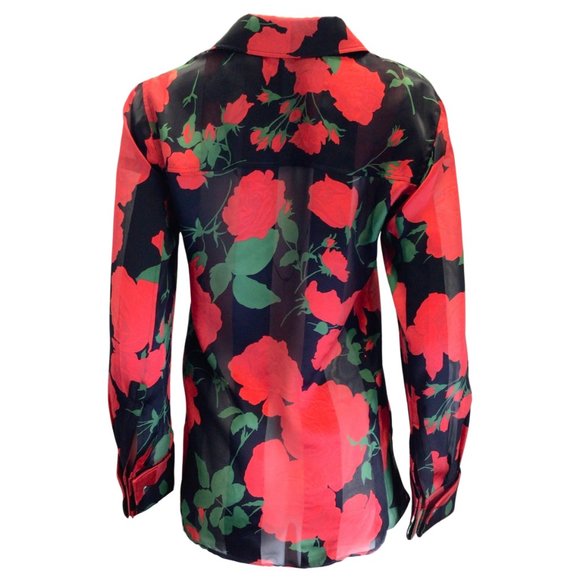 SAINT LAURENT BLACK / RED / GREEN 2022 FLORAL ROSE PRINT BUTTON-DOWN SILK SHIRT - Picture 3 of 5
